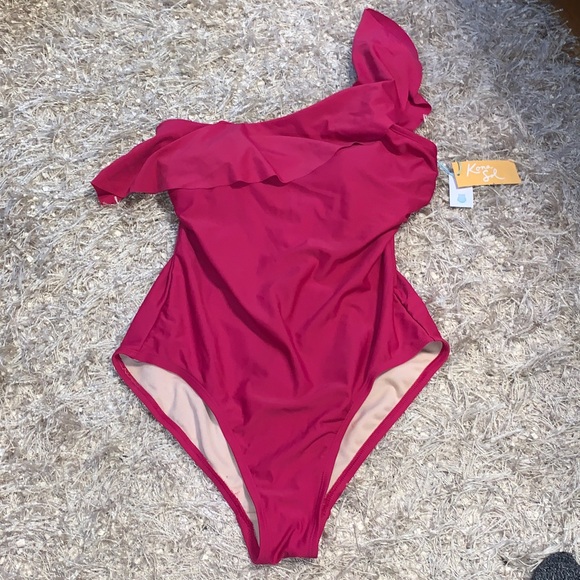 Kona Sol Deep Pink Ruffled One Shoulder One Piece Swimsuit size Medium NWT - Picture 2 of 5